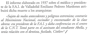 Informe gubernamental recogido por Ignacio Martín Jiménez en su libro “La guerra civil en Valladolid (1936-1939), ed. Ámbito, año 2000